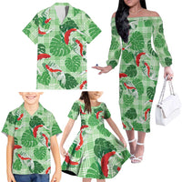 Lime Palaka Hawaii Aloha Family Matching Off The Shoulder Long Sleeve Dress and Hawaiian Shirt Koi Pond Mix Monstera LT7 - Polynesian Pride