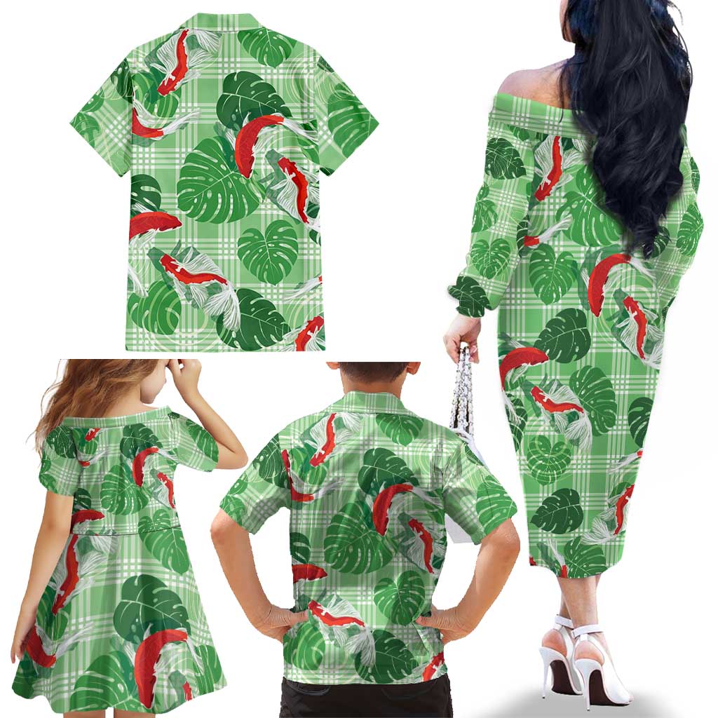 Lime Palaka Hawaii Aloha Family Matching Off The Shoulder Long Sleeve Dress and Hawaiian Shirt Koi Pond Mix Monstera LT7 - Polynesian Pride