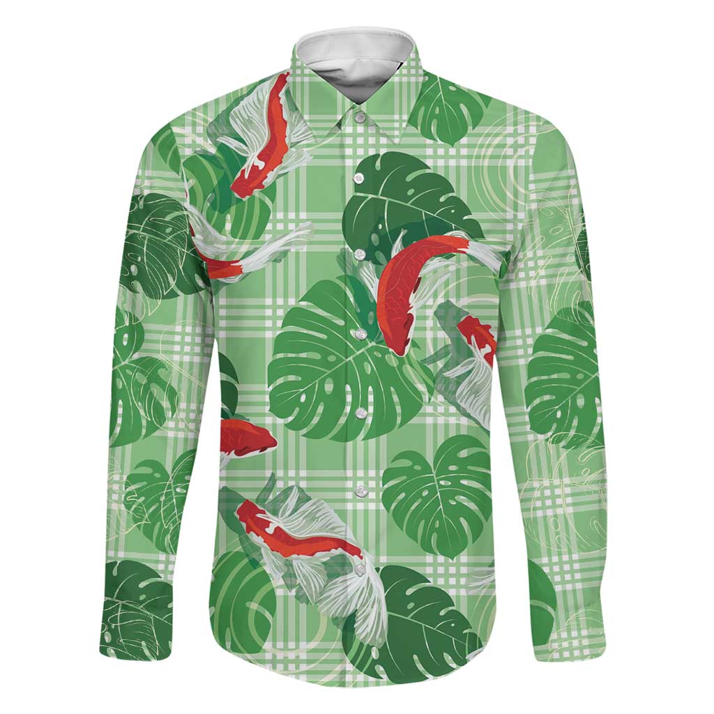 Lime Palaka Hawaii Aloha Family Matching Off The Shoulder Long Sleeve Dress and Hawaiian Shirt Koi Pond Mix Monstera LT7 Dad's Shirt - Long Sleeve Lime Green - Polynesian Pride