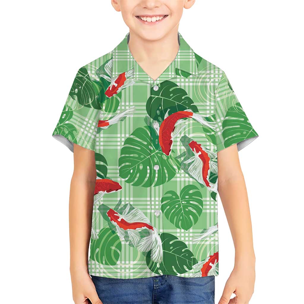 Lime Palaka Hawaii Aloha Family Matching Off The Shoulder Long Sleeve Dress and Hawaiian Shirt Koi Pond Mix Monstera LT7 - Polynesian Pride