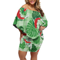 Lime Palaka Hawaii Aloha Family Matching Off Shoulder Short Dress and Hawaiian Shirt Koi Pond Mix Monstera - Polynesian Pride
