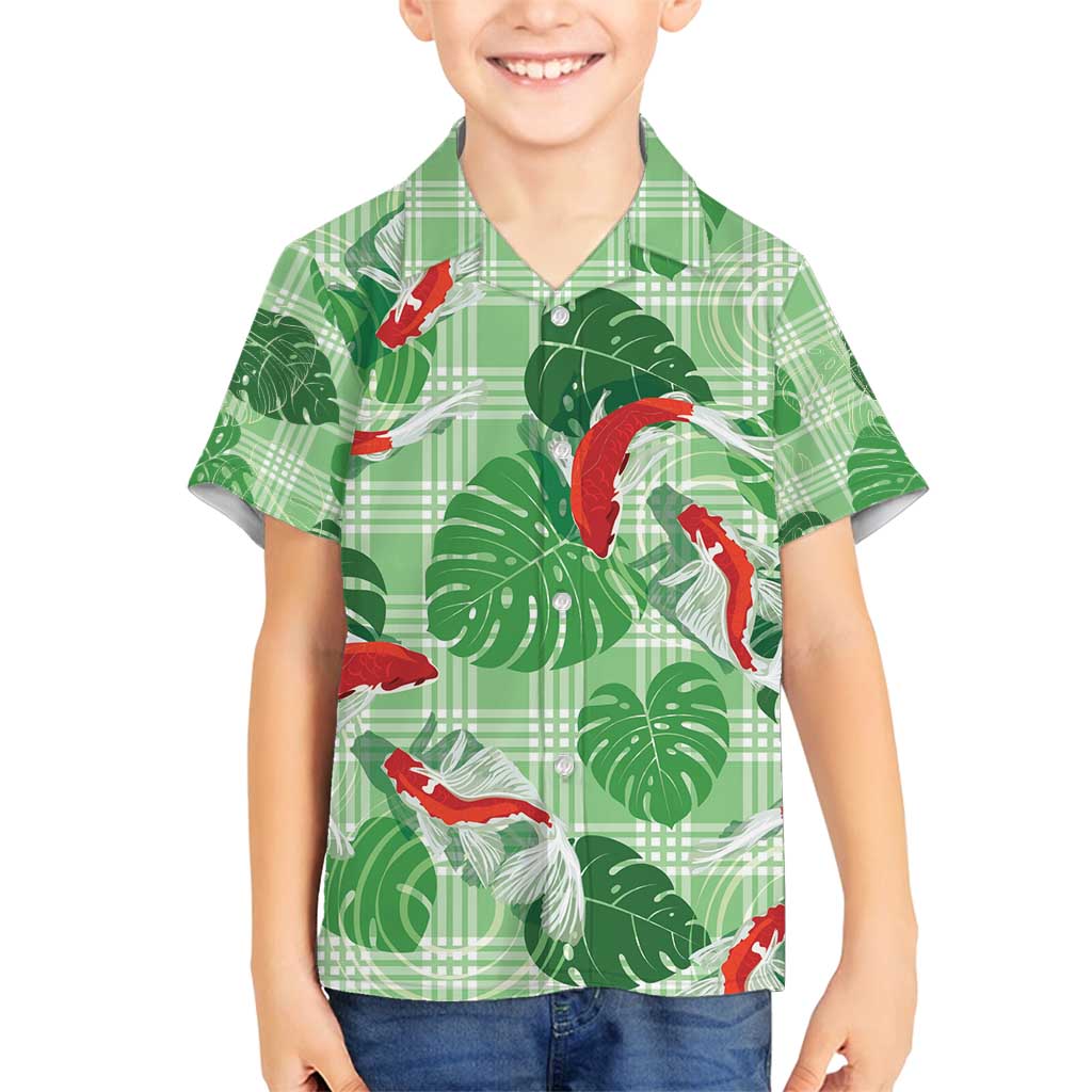 Lime Palaka Hawaii Aloha Family Matching Off Shoulder Short Dress and Hawaiian Shirt Koi Pond Mix Monstera - Polynesian Pride