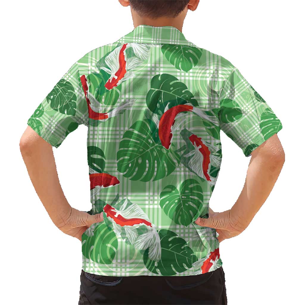 Lime Palaka Hawaii Aloha Family Matching Short Sleeve Bodycon Dress and Hawaiian Shirt Koi Pond Mix Monstera - Polynesian Pride