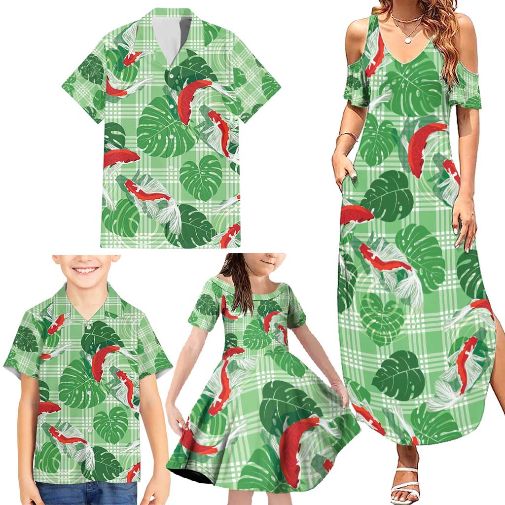 Lime Palaka Hawaii Aloha Family Matching Summer Maxi Dress and Hawaiian Shirt Koi Pond Mix Monstera - Polynesian Pride