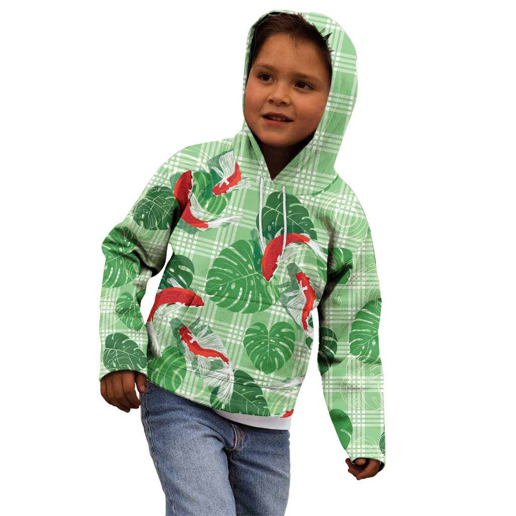 Lime Palaka Hawaii Aloha Kid Hoodie Koi Pond Mix Monstera - Polynesian Pride