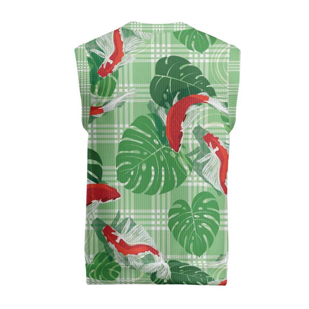 Lime Palaka Hawaii Aloha Christmas Knitted V-Neck Vest Koi Pond Mix Monstera - Polynesian Pride