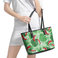 Lime Palaka Hawaii Aloha Leather Tote Bag Koi Pond Mix Monstera - Polynesian Pride