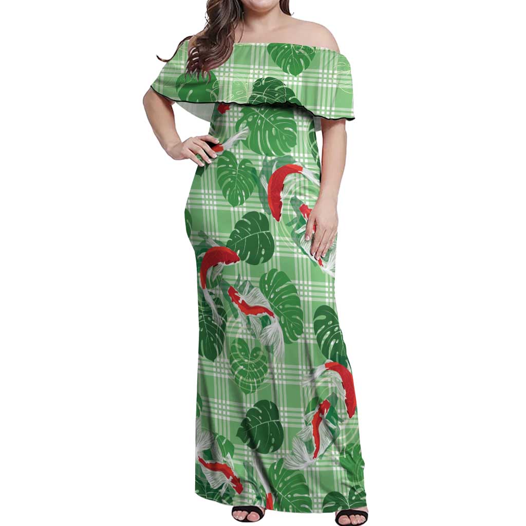 Lime Palaka Hawaii Aloha Off Shoulder Maxi Dress Koi Pond Mix Monstera - Polynesian Pride