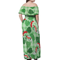 Lime Palaka Hawaii Aloha Off Shoulder Maxi Dress Koi Pond Mix Monstera - Polynesian Pride