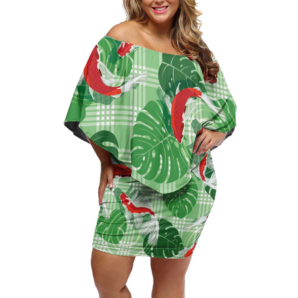 Lime Palaka Hawaii Aloha Off Shoulder Short Dress Koi Pond Mix Monstera - Polynesian Pride