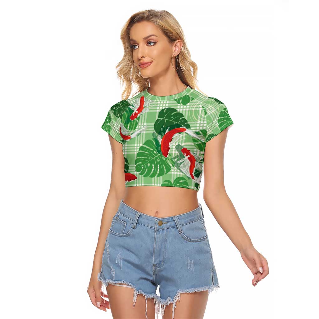 Lime Palaka Hawaii Aloha Raglan Cropped T Shirt Koi Pond Mix Monstera - Polynesian Pride