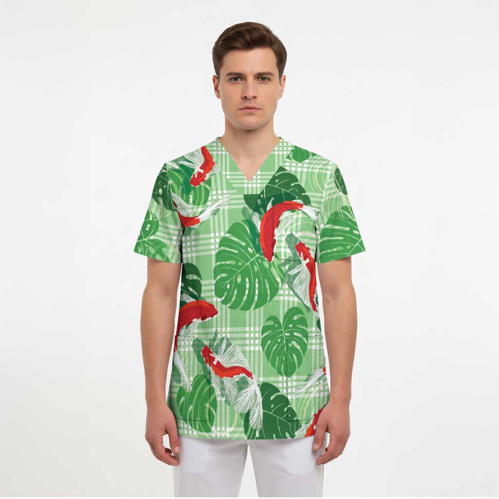 Lime Palaka Hawaii Aloha Scrub Top Koi Pond Mix Monstera - Polynesian Pride