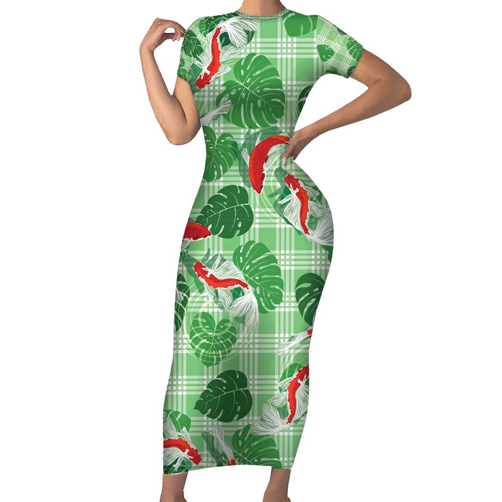 Lime Palaka Hawaii Aloha Short Sleeve Bodycon Dress Koi Pond Mix Monstera - Polynesian Pride