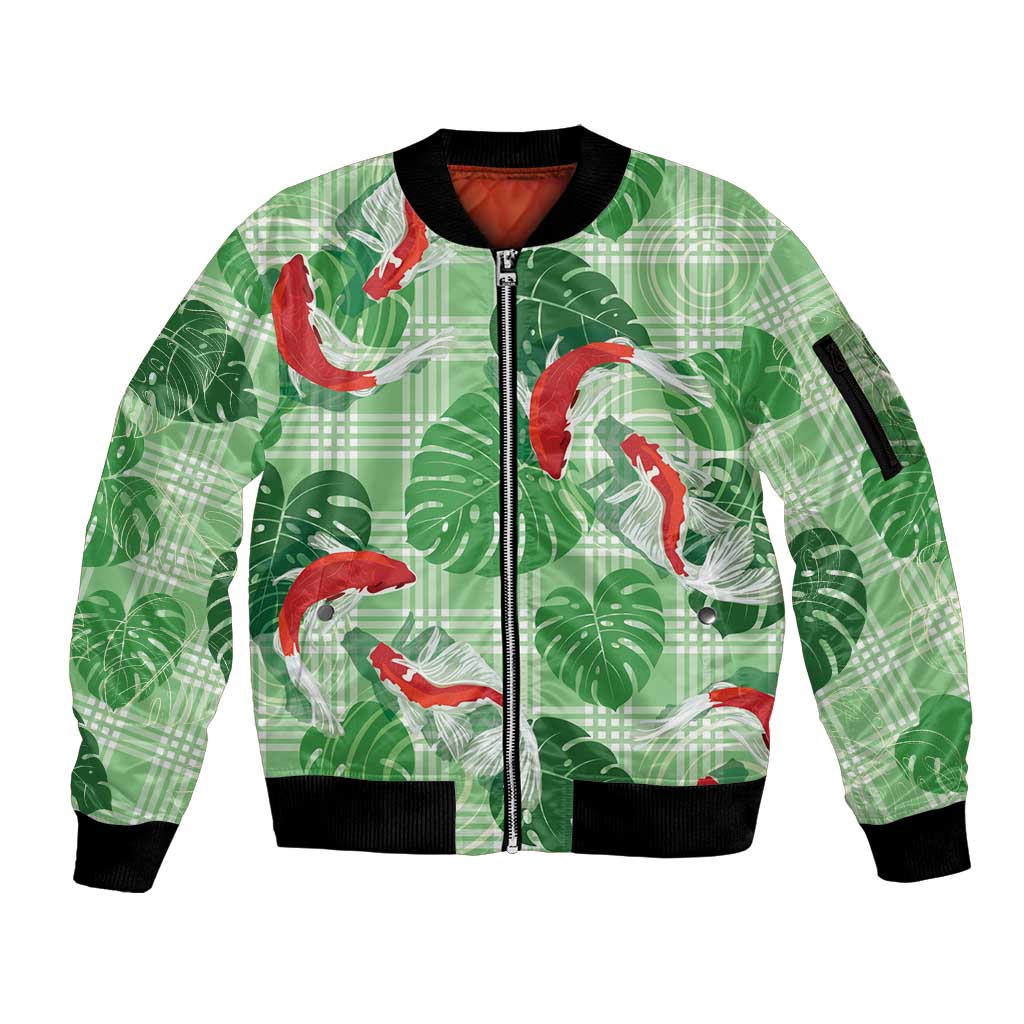 Lime Palaka Hawaii Aloha Sleeve Zip Bomber Jacket Koi Pond Mix Monstera - Polynesian Pride