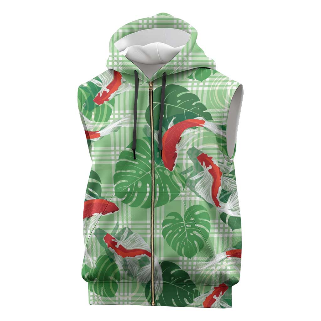 Lime Palaka Hawaii Aloha Sleeveless Zip Hoodie Koi Pond Mix Monstera - Polynesian Pride