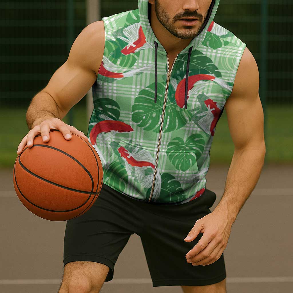Lime Palaka Hawaii Aloha Sleeveless Zip Hoodie Koi Pond Mix Monstera - Polynesian Pride