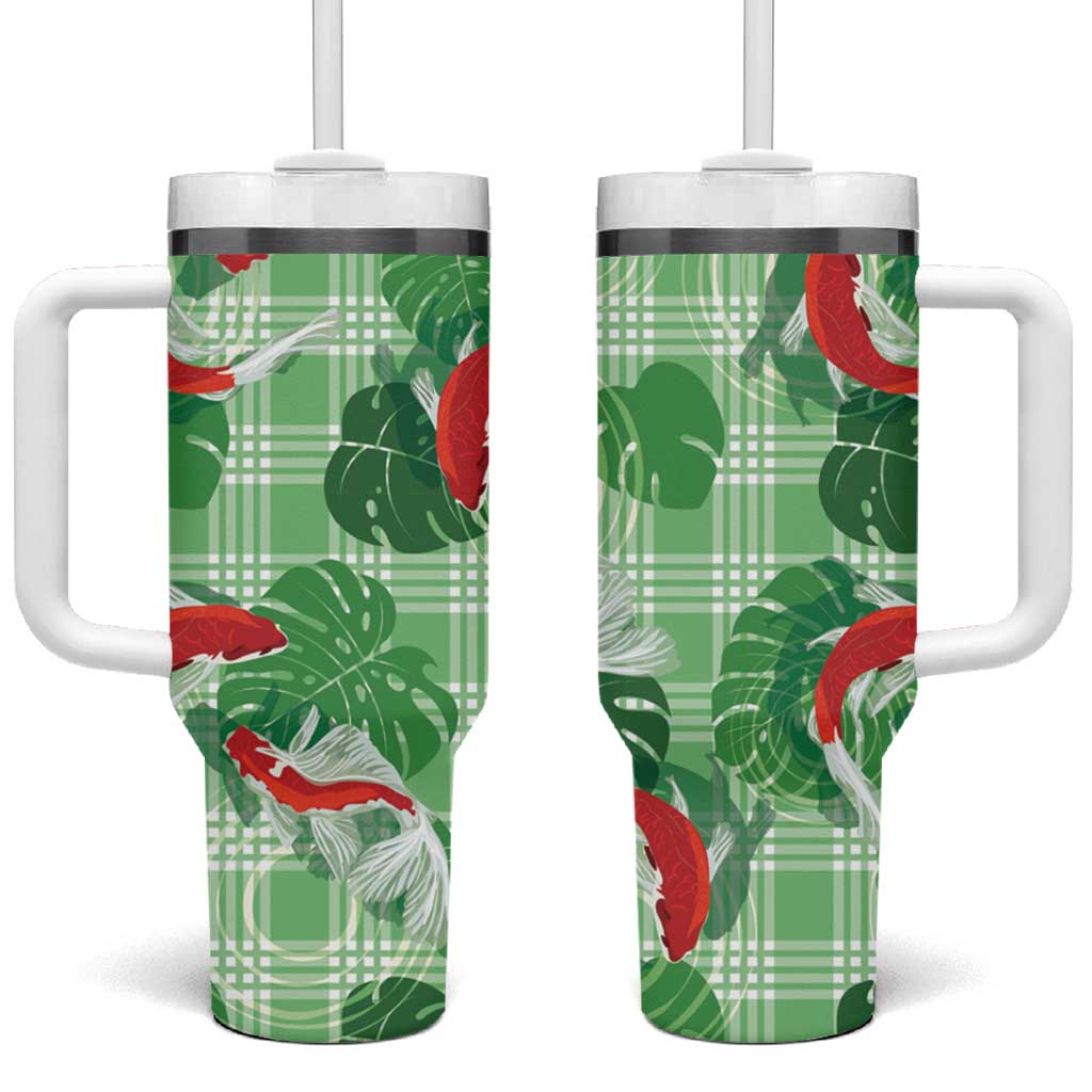 Lime Palaka Hawaii Aloha Tumbler With Handle Koi Pond Mix Monstera - Polynesian Pride