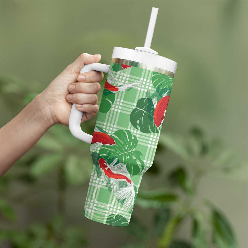 Lime Palaka Hawaii Aloha Tumbler With Handle Koi Pond Mix Monstera - Polynesian Pride