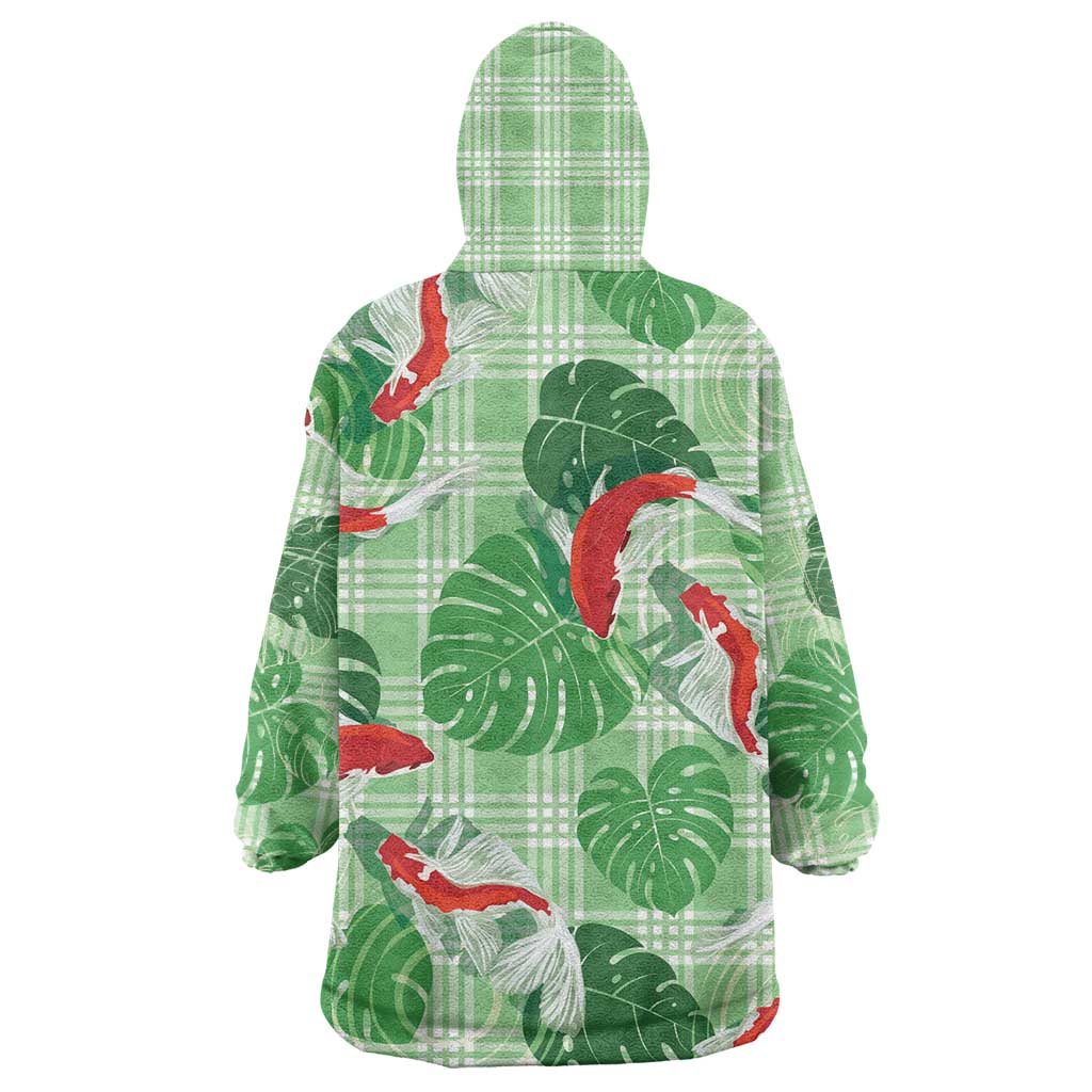 Lime Palaka Hawaii Aloha Wearable Blanket Hoodie Koi Pond Mix Monstera - Polynesian Pride