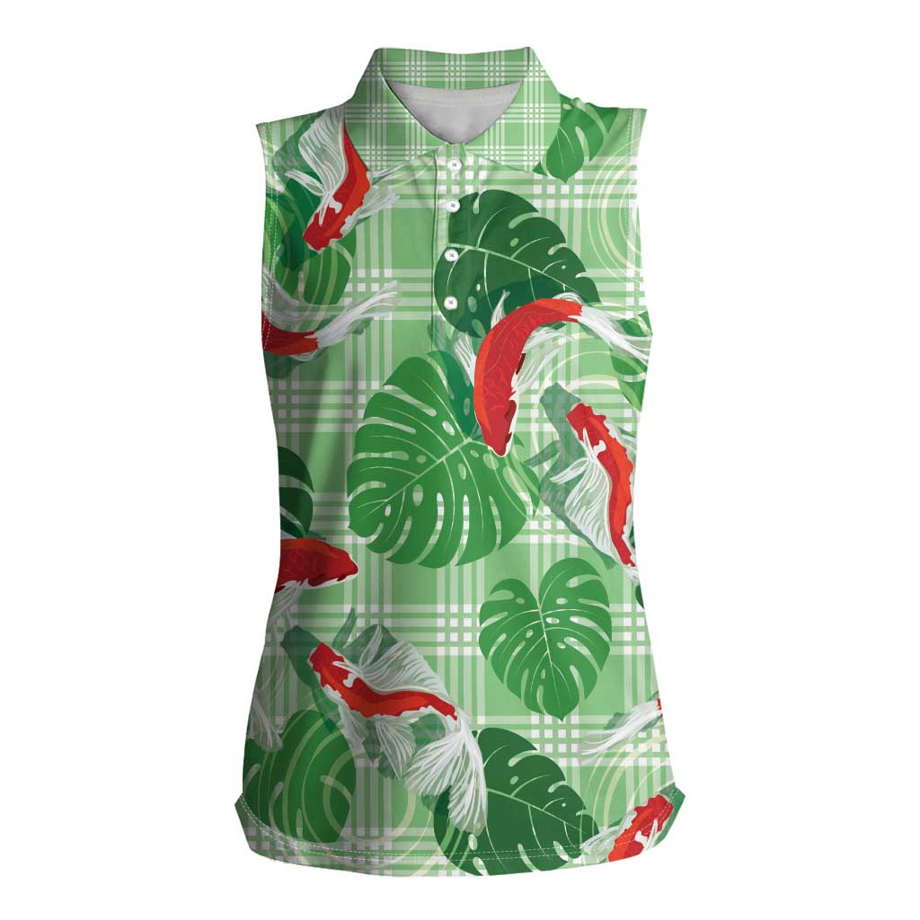 Lime Palaka Hawaii Aloha Women Sleeveless Polo Shirt Koi Pond Mix Monstera - Polynesian Pride