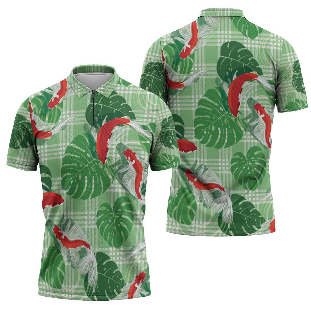 Lime Palaka Hawaii Aloha Zipper Polo Shirt Koi Pond Mix Monstera - Polynesian Pride