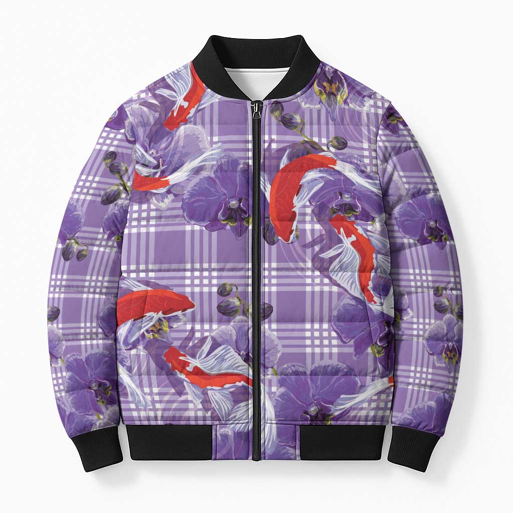 Lavender Palaka Hawaii Aloha Bomber Puffer Jacket Koi Pond Mix Orchids - Polynesian Pride
