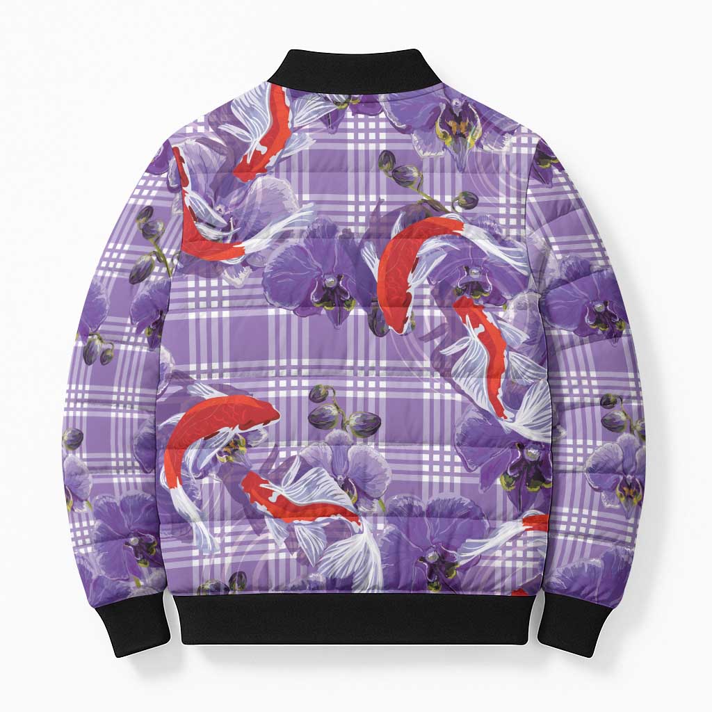 Lavender Palaka Hawaii Aloha Bomber Puffer Jacket Koi Pond Mix Orchids - Polynesian Pride