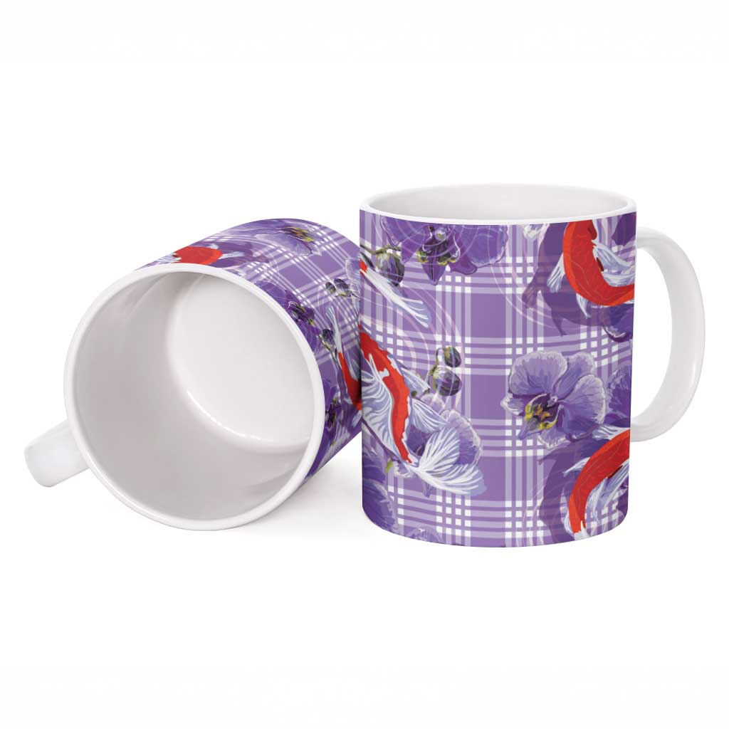Lavender Palaka Hawaii Aloha Ceramic Mug Koi Pond Mix Orchids - Polynesian Pride