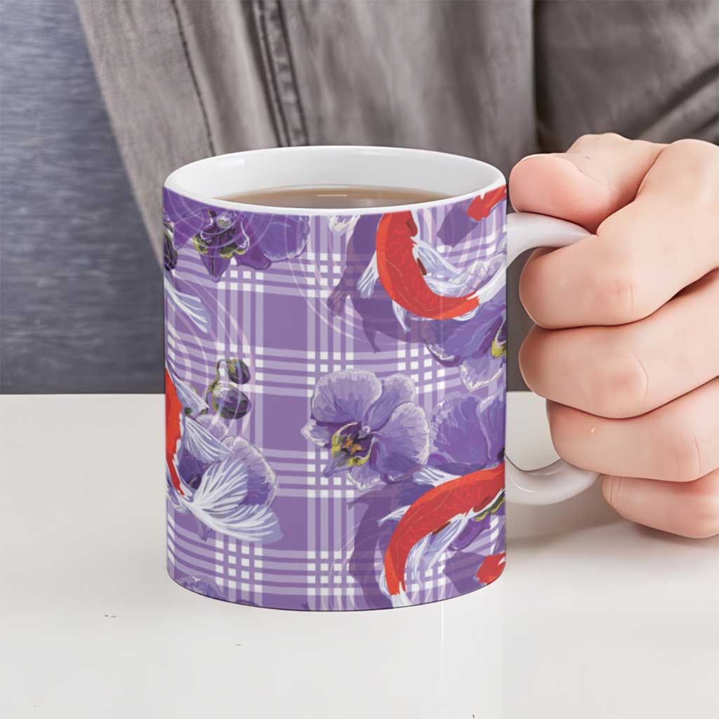 Lavender Palaka Hawaii Aloha Ceramic Mug Koi Pond Mix Orchids - Polynesian Pride