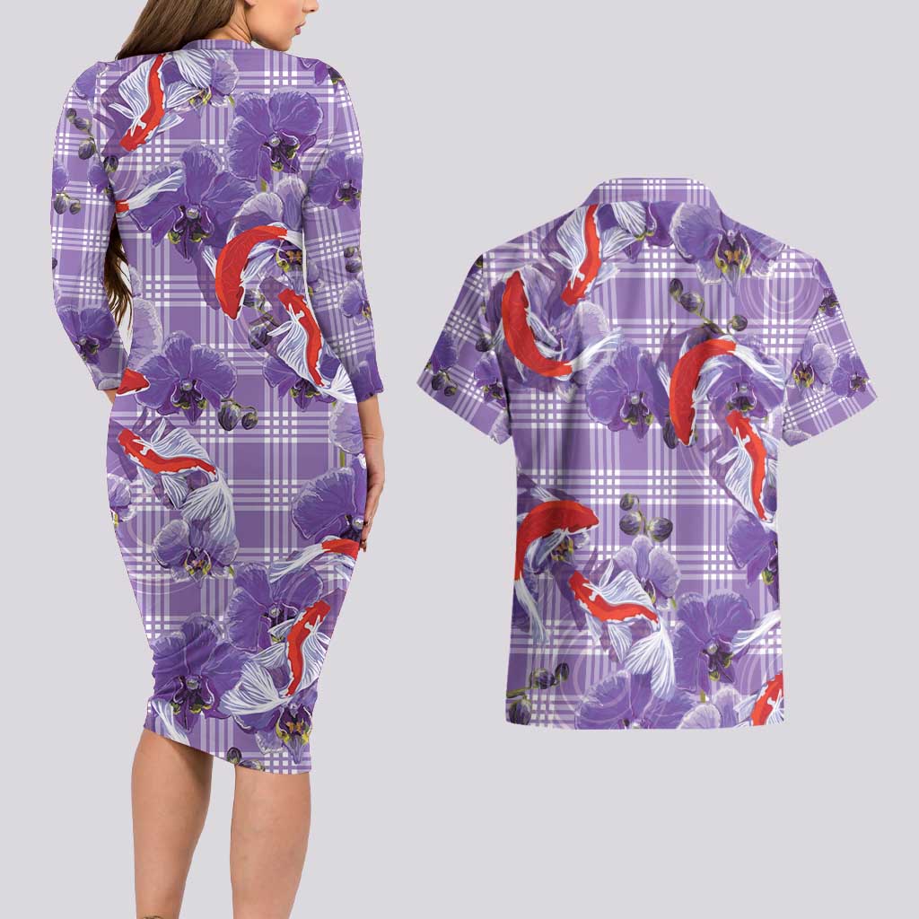 Lavender Palaka Hawaii Aloha Couples Matching Long Sleeve Bodycon Dress and Hawaiian Shirt Koi Pond Mix Orchids - Polynesian Pride