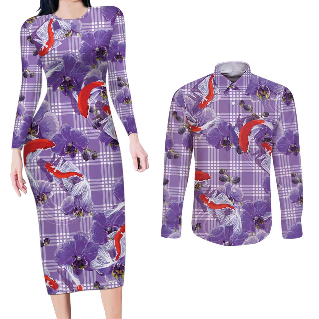Lavender Palaka Hawaii Aloha Couples Matching Long Sleeve Bodycon Dress and Long Sleeve Button Shirt Koi Pond Mix Orchids - Polynesian Pride