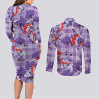 Lavender Palaka Hawaii Aloha Couples Matching Long Sleeve Bodycon Dress and Long Sleeve Button Shirt Koi Pond Mix Orchids - Polynesian Pride