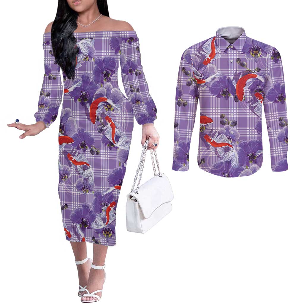 Lavender Palaka Hawaii Aloha Couples Matching Off The Shoulder Long Sleeve Dress and Long Sleeve Button Shirt Koi Pond Mix Orchids - Polynesian Pride