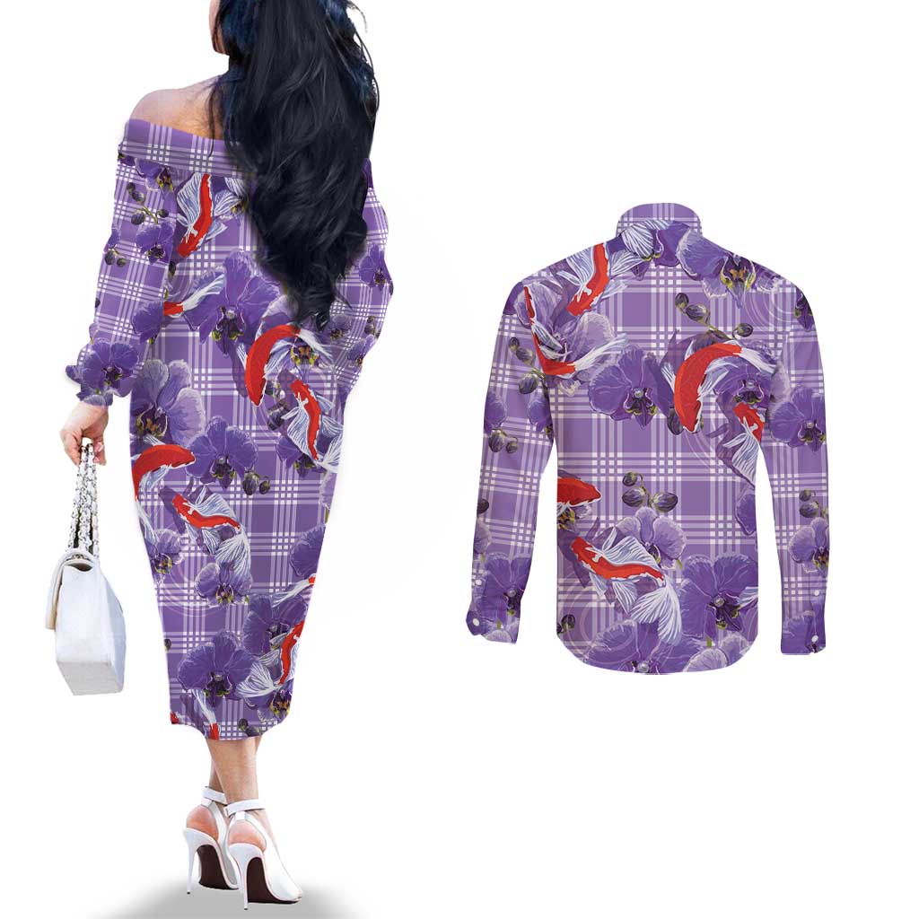 Lavender Palaka Hawaii Aloha Couples Matching Off The Shoulder Long Sleeve Dress and Long Sleeve Button Shirt Koi Pond Mix Orchids - Polynesian Pride