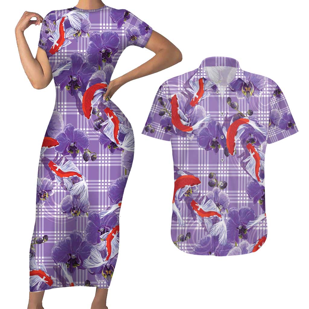 Lavender Palaka Hawaii Aloha Couples Matching Short Sleeve Bodycon Dress and Hawaiian Shirt Koi Pond Mix Orchids - Polynesian Pride