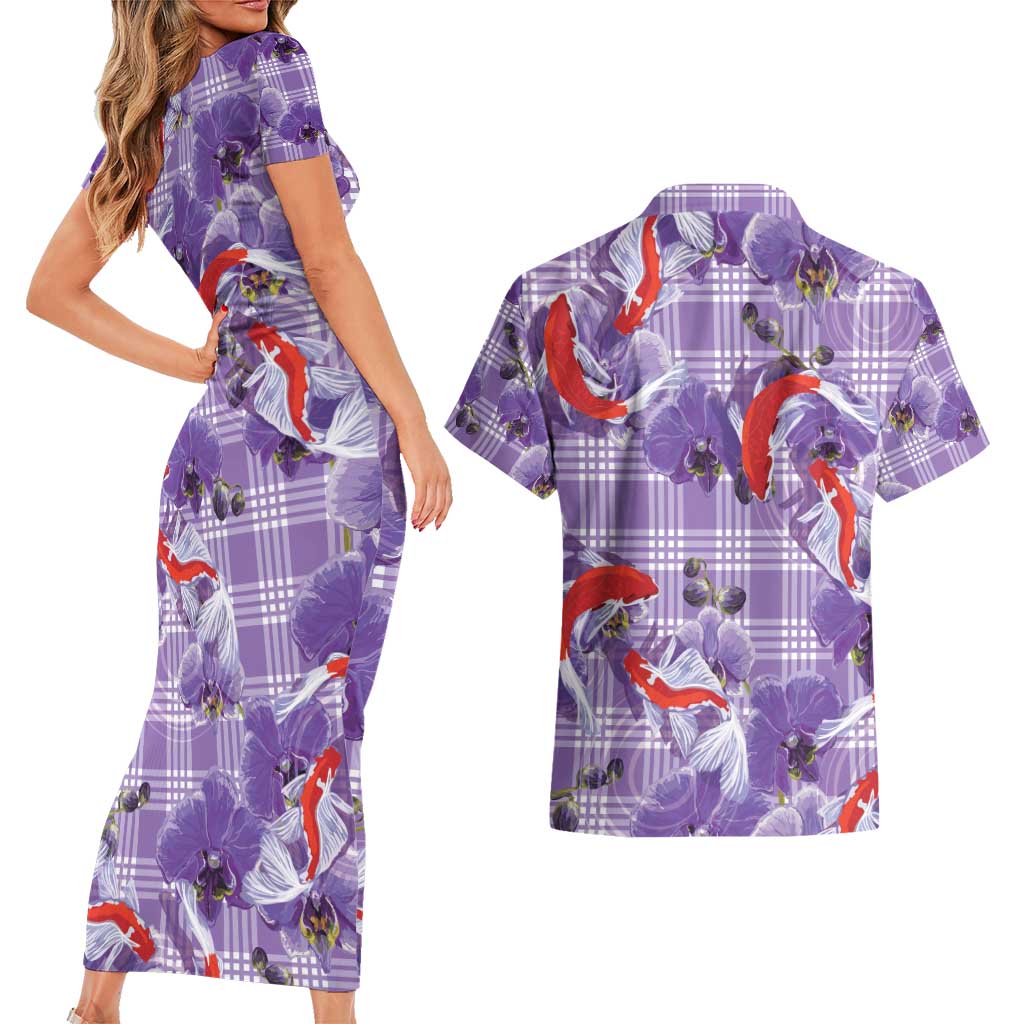 Lavender Palaka Hawaii Aloha Couples Matching Short Sleeve Bodycon Dress and Hawaiian Shirt Koi Pond Mix Orchids - Polynesian Pride