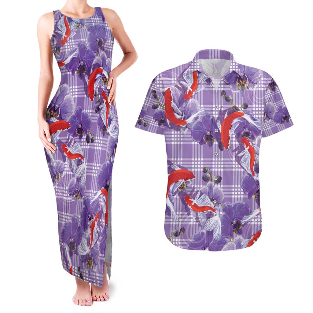 Lavender Palaka Hawaii Aloha Couples Matching Tank Maxi Dress and Hawaiian Shirt Koi Pond Mix Orchids - Polynesian Pride