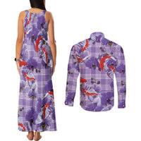 Lavender Palaka Hawaii Aloha Couples Matching Tank Maxi Dress and Long Sleeve Button Shirt Koi Pond Mix Orchids - Polynesian Pride