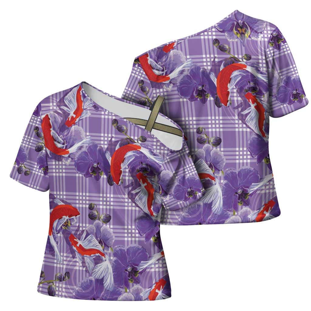 Lavender Palaka Hawaii Aloha Cross Shoulder Shirt Koi Pond Mix Orchids - Polynesian Pride