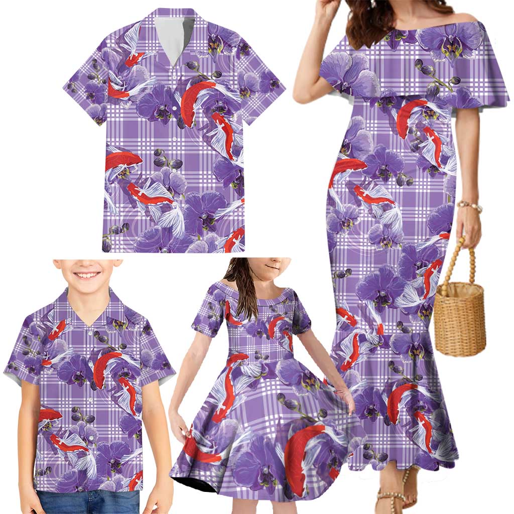 Lavender Palaka Hawaii Aloha Family Matching Mermaid Dress and Hawaiian Shirt Koi Pond Mix Orchids - Polynesian Pride