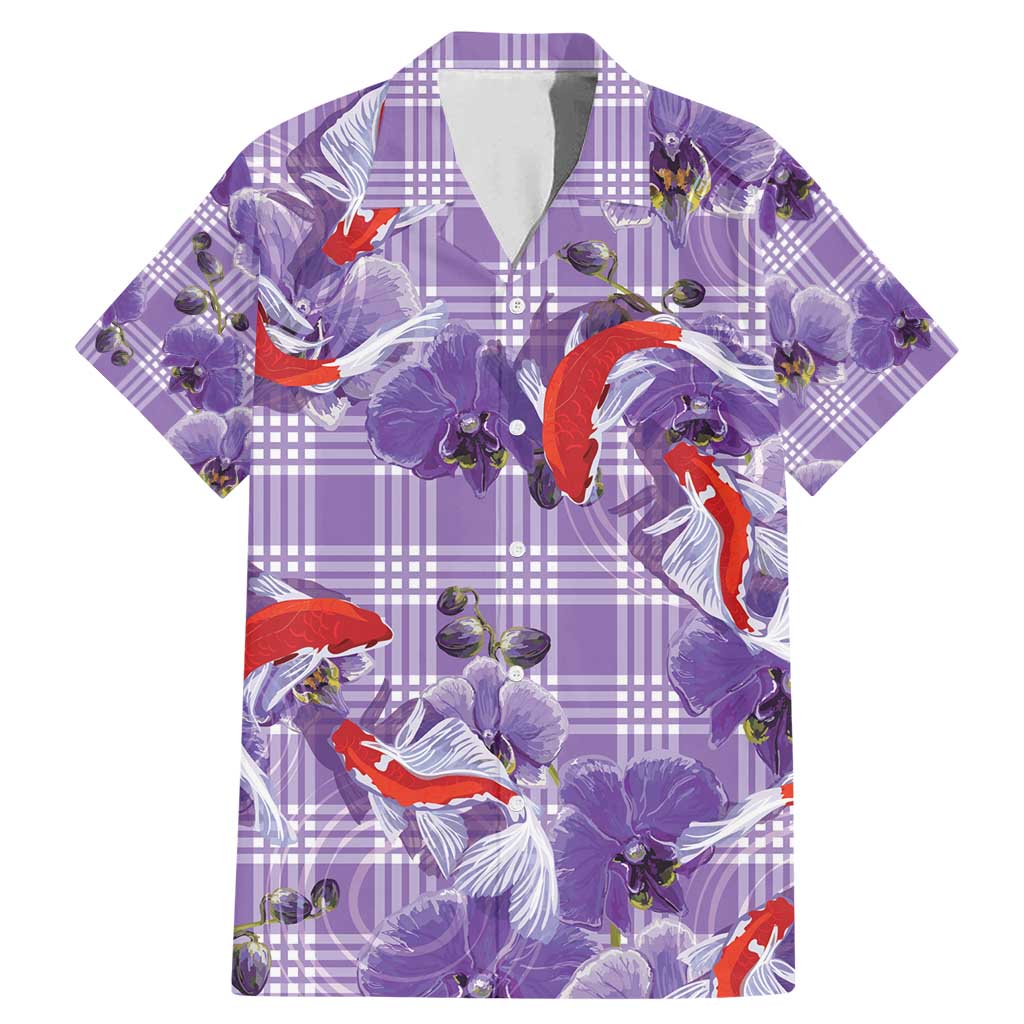 Lavender Palaka Hawaii Aloha Family Matching Mermaid Dress and Hawaiian Shirt Koi Pond Mix Orchids - Polynesian Pride