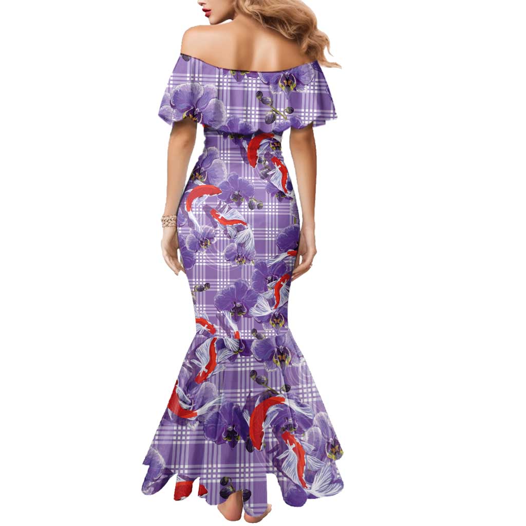 Lavender Palaka Hawaii Aloha Family Matching Mermaid Dress and Hawaiian Shirt Koi Pond Mix Orchids - Polynesian Pride
