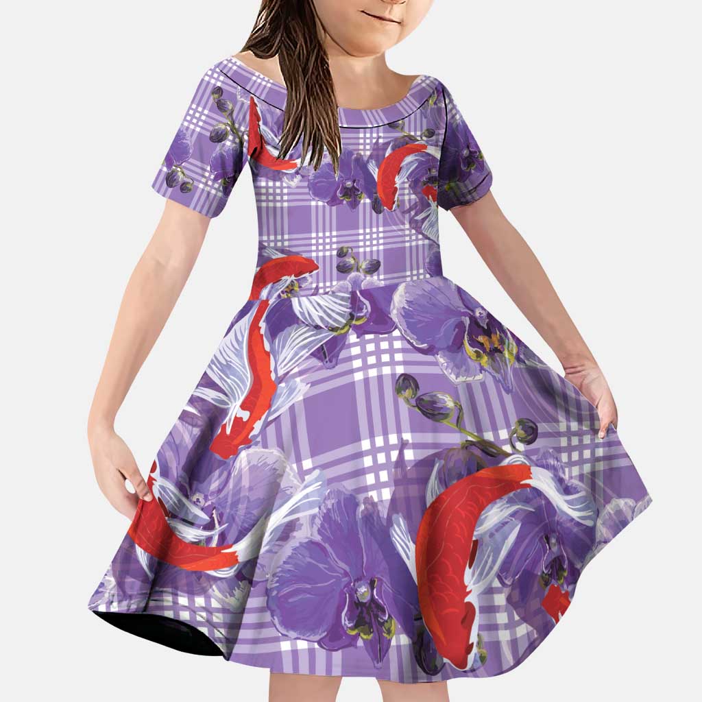 Lavender Palaka Hawaii Aloha Family Matching Off The Shoulder Long Sleeve Dress and Hawaiian Shirt Koi Pond Mix Orchids LT7 Daughter's Dress Purple - Polynesian Pride