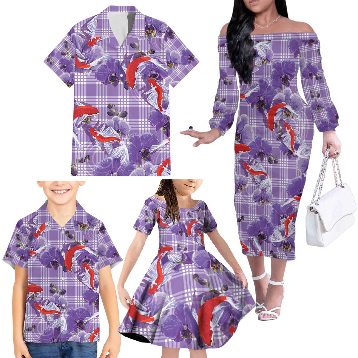 Lavender Palaka Hawaii Aloha Family Matching Off The Shoulder Long Sleeve Dress and Hawaiian Shirt Koi Pond Mix Orchids - Polynesian Pride