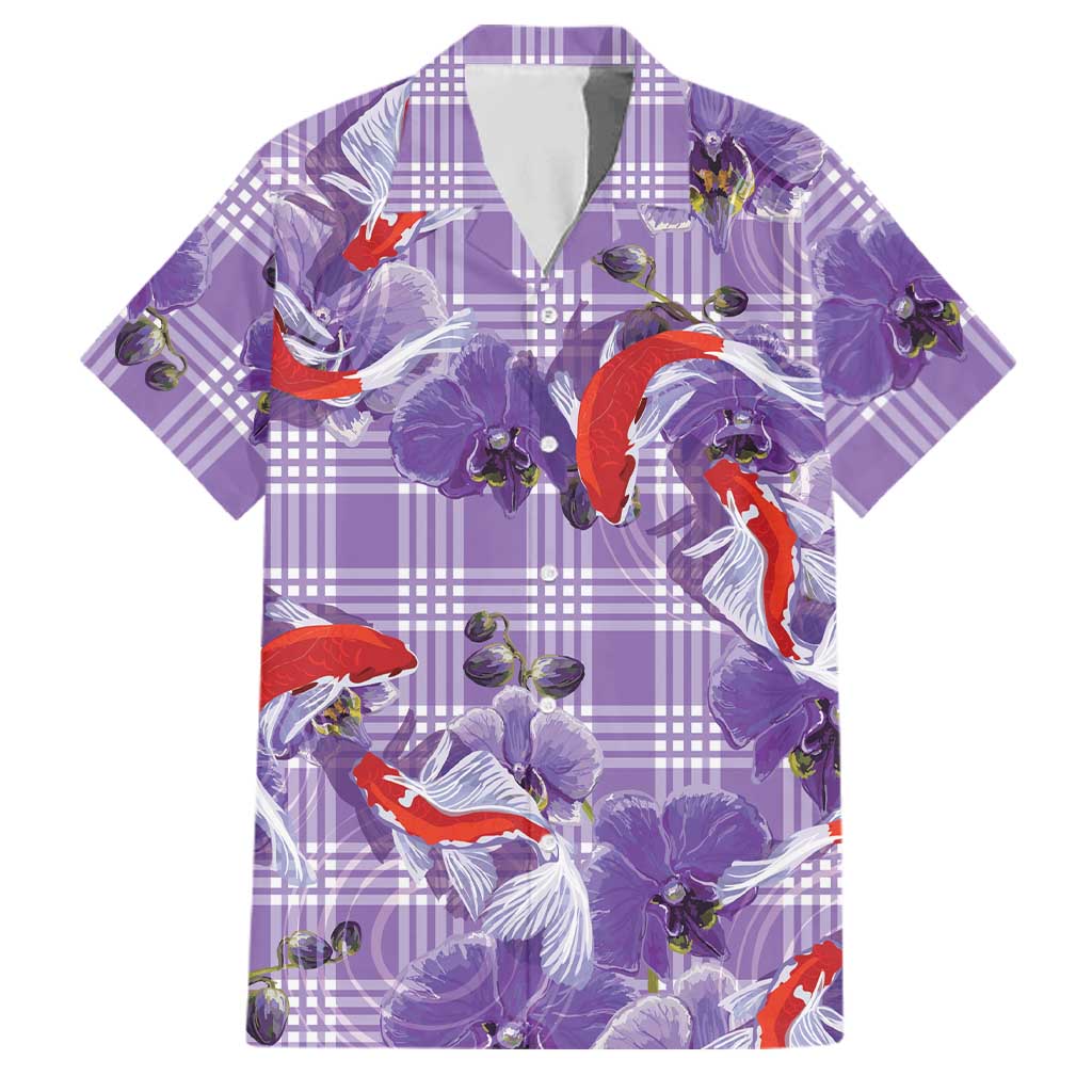 Lavender Palaka Hawaii Aloha Family Matching Off The Shoulder Long Sleeve Dress and Hawaiian Shirt Koi Pond Mix Orchids LT7 Dad's Shirt - Short Sleeve Purple - Polynesian Pride