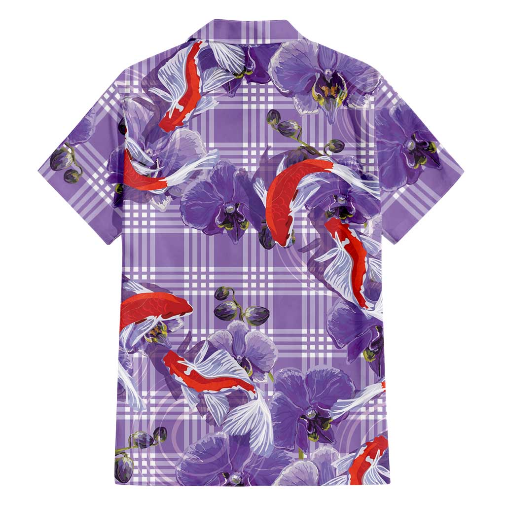 Lavender Palaka Hawaii Aloha Family Matching Off The Shoulder Long Sleeve Dress and Hawaiian Shirt Koi Pond Mix Orchids LT7 - Polynesian Pride