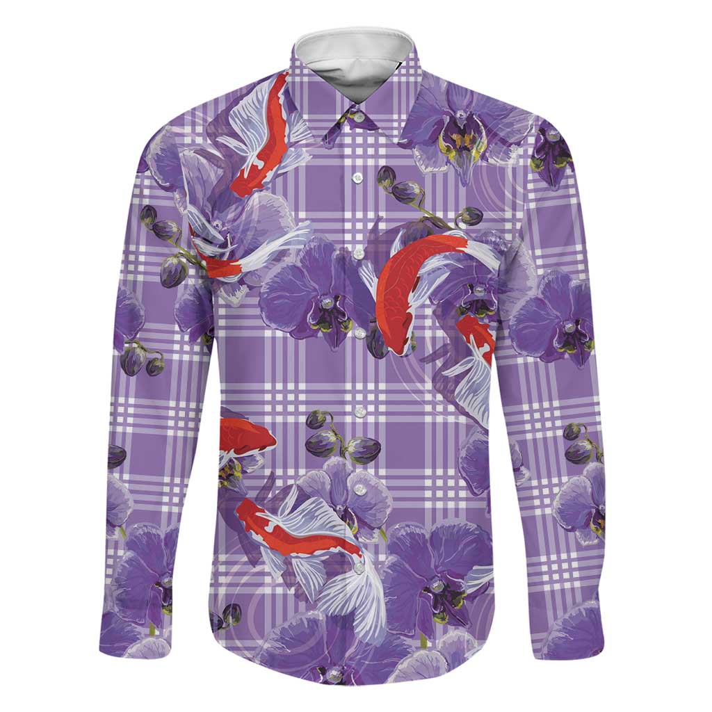 Lavender Palaka Hawaii Aloha Family Matching Off The Shoulder Long Sleeve Dress and Hawaiian Shirt Koi Pond Mix Orchids LT7 Dad's Shirt - Long Sleeve Purple - Polynesian Pride