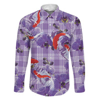 Lavender Palaka Hawaii Aloha Family Matching Off The Shoulder Long Sleeve Dress and Hawaiian Shirt Koi Pond Mix Orchids LT7 Dad's Shirt - Long Sleeve Purple - Polynesian Pride