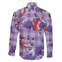 Lavender Palaka Hawaii Aloha Family Matching Off The Shoulder Long Sleeve Dress and Hawaiian Shirt Koi Pond Mix Orchids LT7 - Polynesian Pride