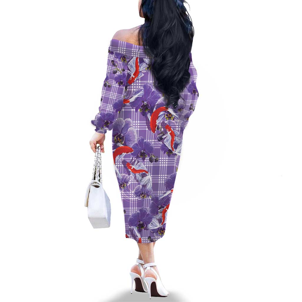 Lavender Palaka Hawaii Aloha Family Matching Off The Shoulder Long Sleeve Dress and Hawaiian Shirt Koi Pond Mix Orchids LT7 - Polynesian Pride